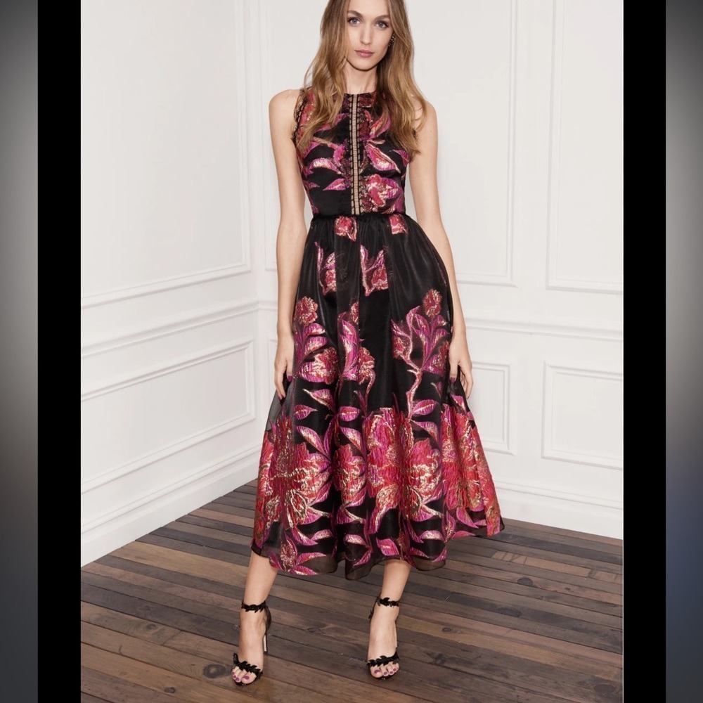 Marchesa Notte Black Floral Embroidered Illusion Midi Dress Size 6